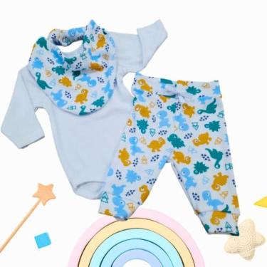 Imagem de Kit body bebê com calça e bandana babador like on dinossauros branco r