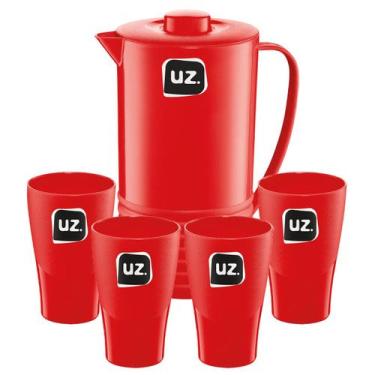 Imagem de Kit Jarra de Suco com Tampa 1,8 Litros + 4 Copos Água 300ml - Uz, Verm