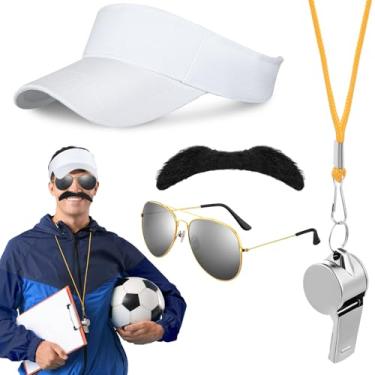 Imagem de Mepase 4 peças de acessórios de fantasia de treinador de futebol de Halloween, incluindo viseira de bigode falso, óculos de sol apito para adultos, festa de cosplay de Halloween, Principalmente branco
