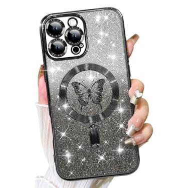 Imagem de Fiyart Capa projetada para iPhone 15 Pro Max, compatível com MagSafe Butterflies Plating Camera Protection Clear Phone Case, Glitter magnético para mulheres e meninas à prova de choque 17 cm - Preto