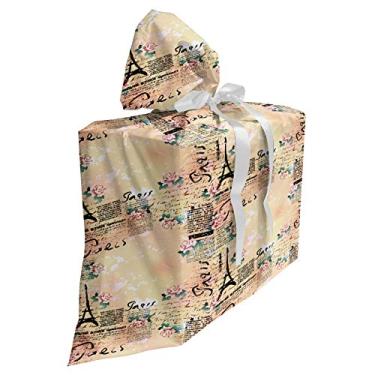 Imagem de Ambesonne Bolsa de presente moderna, letras temáticas de Paris francesas com detalhes de folhas florais, bolsa de tecido reutilizável para lembrancinhas de festa com 3 fitas, 68 x 81 cm, rosa e preto