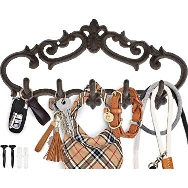 Imagem de Cabide de parede de ferro fundido – design vintage com 5 ganchos - para chaves, toalhas, roupões, roupas e mais - montado na parede, metal, resistente, rústico, vintage, ideia de presente decorativo
