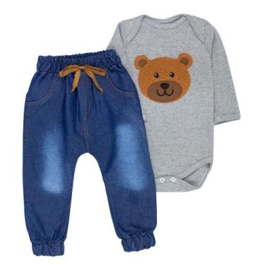 Imagem de Conjunto para Bebê Urso Body Bordado Mescla e Calça Jeans - Era Uma Ve