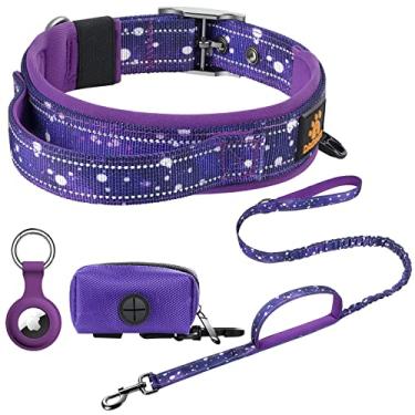 Imagem de DAGANXI Coleira ajustável macia de neoprene acolchoada respirável com tira reflexiva de nylon para cães pequenos, médios e grandes, com estojo Airtags e dispensador de sacos para cocô de cachorro (grande, conjunto celeste/roxo)