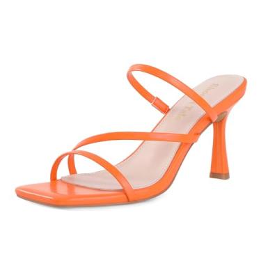 Imagem de Shoe'N Tale Sandálias femininas salto gatinho com tiras stiletto mules bico aberto quadrado sem cadarço, Laranja, 36