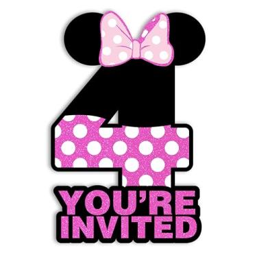 Imagem de pertnate Mouse 4th Birthday Convitations Girl Pink Glitter Mouse 4 anos de idade Convites em forma de aniversário com envelopes, pacote com 20