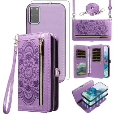 Imagem de Asuwish Capa de celular para Samsung Galaxy S20 Plus S20+ 5G carteira magnética com zíper com alça protetora de tela de vidro temperado, suporte de cartão de flores S20+5G S20plus 20S + S2O S 20 20+