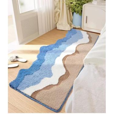 Imagem de JGSF Tapete de banho azul oceano ondulado fofo azul marinho antiderrapante lavável tapetes de banheiro tapetes de banheiro para quarto, banheiro, corredor, decoração de casa, tapete de chuveiro (A,