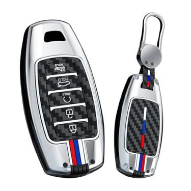 Imagem de HIBEYO Capa de chaveiro compatível com Hyundai I30 Ix35 KONA Encino Solaris Azera Grandeur Ig Accent Santa Fe Palisade Alloy Carbon Fiber Texture Key Shell com chaveiros-5 botões KlAXON Prata