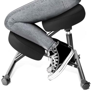 Imagem de Cadeira de escritório ergonômica de couro PU, banco ajustável para casa e escritório para casa e escritório com almofadas grossas e rodas de freio flexíveis bloqueáveis para alívio eficaz da dor nas