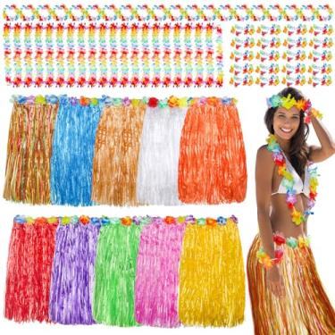 Imagem de Jecery 20 peças de saias de grama havaianas de hula com 20 guirlandas tropicais 40 guirlandas pulseira 20 faixa de cabelo de praia de verão (cores adoráveis, 60 cm)