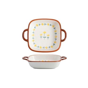 Imagem de Conjunto de utensílios domésticos simples e personalizados, tigela de cerâmica com orelhas duplas, prato de servir, tigela de arroz - prato quadrado de 23 cm com orelhas duplas