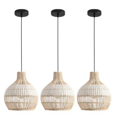 Imagem de Teru Ji Kaikang Luminária Pendente De Vime Fax Com 3 Unidades, Mini Luminária Pendente De Vime Branca De 10,24 Pol. Feita À Mão, Boho, Mini Lustre De Vime Em Cesta Para Sala De Jantar, Sala De Estar