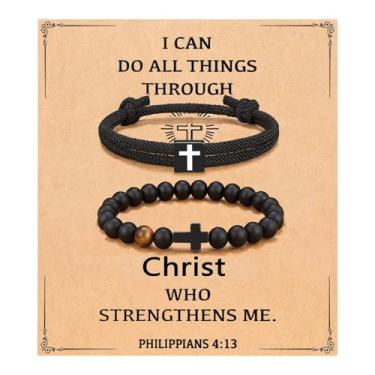 Imagem de FIRAZIO 2 peças de presentes cristãos de Páscoa para homens, pulseiras de cruz com recheios de cesta de Páscoa para homens, presentes cristãos de confirmação de aniversário, pulseiras inspiradoras de