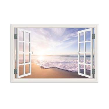 Imagem de SDYJ6GSW Arte de parede para janela de praia, nascer do sol, praia, paisagem, costa, janela, imagem, tela grande, arte de parede, palmeira, praia, tela, arte de parede para quarto, pôster 75 x 50 cm