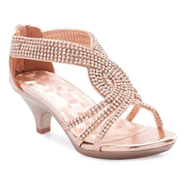 Imagem de Olivia K Sandália infantil de salto baixo com tiras e strass - casamento, vestido, dança, florista, Glitter ouro rosa, 17