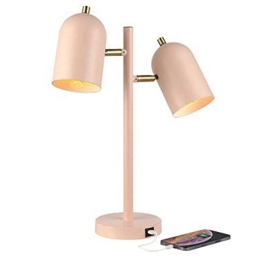 Imagem de Globe Electric Luminária de mesa 30290 Carter de 45,72 cm, rosa fosco, detalhes em latão fosco, porta USB de 2,1 A, interruptor rotativo liga/desliga em cada persiana