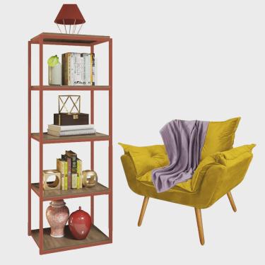 Imagem de Kit Poltrona Fatte com Manta Soft Lilás e Estante Livreiro Ferro Bronze mdf Caramelo Suede Amarelo - Ahazzo Móveis