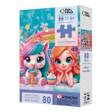 Imagem de Quebra Cabeça Infantil +4 Anos Reino Encantado 80 Peças Unicórnio Sereia Pais e Filhos