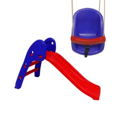 Imagem de Escorregador Plástico Infantil Parquinho 2 Degraus-Escorregador kids até 4 Anos-Escorrega Baby + Balanço Kids Parquinho Cinto e Trava de Segurança