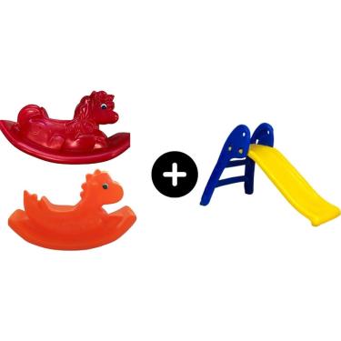 Imagem de Escorregador Baby Infantil Amarelo c/ Azul + Dino verde + Unicornio Azul para a diversão de meninos e garotos de todas as idades Toy kids brinquedo le