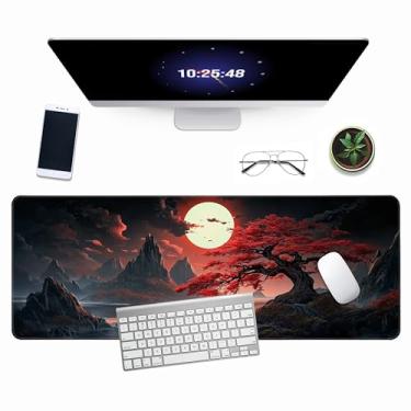 Imagem de Tapete de mesa japonês vermelho lua cheia almofada de mesa preto ribeirinha grande mouse pad gamer mousepad teclado estendido 80 x 11,8 polegadas laptop computador mouse tapete para decoração de mesa