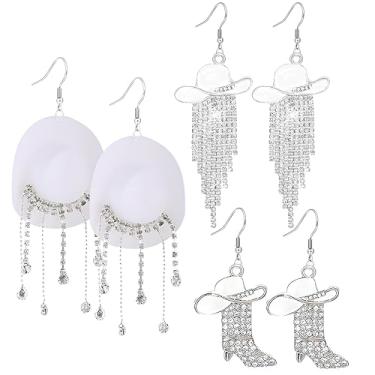 Imagem de 3 pares de brincos de faroeste feminino brilhante rústico Couture strass borlas chapéu botas brincos cowgirl caubói shows country roupas de cowboy roupas joias, Small, Liga de aço, Sem pedra preciosa