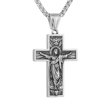 Imagem de HZMAN Colar com cruz de Jesus para homens e mulheres, pingente de cruz retrô de aço inoxidável, joia de fé cristã, presente, Aço inoxidável, Sem Pedra Preciosa