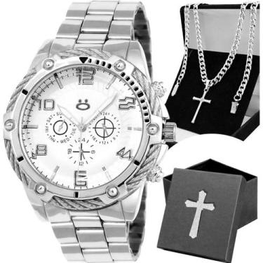 Imagem de Relogio Masculino Prata + Cordao Grumet Crucifixo Presente - Orizom