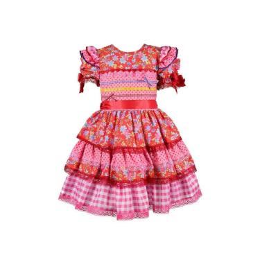 Imagem de Vestido Junino Bambolê Floral Com Calção Vermelho e Rosa