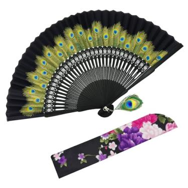 Imagem de EOSAU Leque dobrável de pavão, leques de mão de seda de bambu para mulheres, dobrável, estilo chinês/japonês para dançar, festa de casamento, presente de igreja (preto)