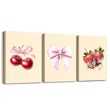 Imagem de jejeloiu Arte de parede em tela cereja para sala de estar quarto 30,5 cm x 40,6 cm 3 peças linda imagem de morango decoração de parede para decoração de casa de banho gravata borboleta decorações de