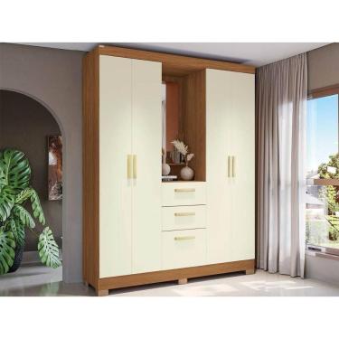 Imagem de Guarda Roupa Casal 5 Portas e 2 Gavetas c/ 1 Espelho e Pés CB01R591 Canela/Off White - Kappesberg
