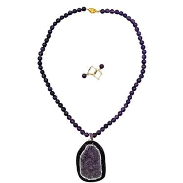 Imagem de Kusum51 Colar de contas de ametista genuína com pingente exclusivo para mulheres, conjunto de contas de pedras preciosas roxas redondas e brincos combinando, Portable, Ametista, Ametista