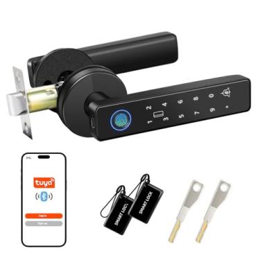 Imagem de Maçaneta de porta inteligente de impressão digital com alça, trava de entrada sem chave 5 em 1 com teclado e 5 formas de desbloqueio, maçaneta elétrica biométrica com 6 idiomas e campainha para quarto
