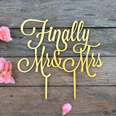 Imagem de Cabedal de bolo de casamento Finally Mr and Mrs, Casamento de topo de bolo, Sr. & Sra, finalmente topo de bolo, Aniversário, bolos decorativos, ouro prata preto espelho branco, Dourado, width 5"