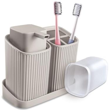 Imagem de Kit 2 Acessórios Banheiro com Bandeja Dispenser Sabonete Líquido e Porta Escovas - Usual Utilidades(Cinza Claro)