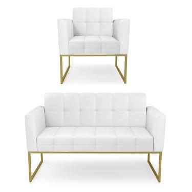 Imagem de Kit 1 Sofá Namoradeira E 1 Poltrona Elisa Corino Branco Base Metálica Industrial Dourado - D'rossi
