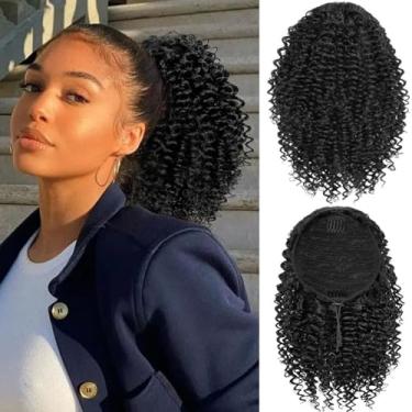 Imagem de Janyuwool Rabo De Cavalo Curto 10" Com Cordão Para Mulheres Negras, Extensão Afro Crespa E Cacheada, Cabelo Humano Sintético Profundo, Peças Misturadas, Afro-Americanas (Preto)