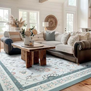 Imagem de EVERGRACE Tapetes Para Sala De Estar 9X12, Lã Sintética Com Estampa Floral Boho Áreas Internas E Externas, Laváveis Quarto, Jantar, Entrada Cozinha, Tapete Pelo Baixo Decoração Casa, Azul-Claro
