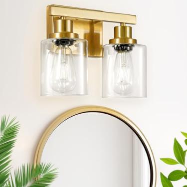 Imagem de DIKAIDA Luminárias De Banheiro Douradas Sobre O Espelho, Penteadeira Modernas 2 Luzes Escovadas Com Cúpula Quadrada Vidro Transparente, Arandelas Parede Para Quarto, Corredor, Espaço Pequeno