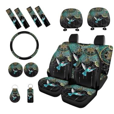 Imagem de PCSJRKG Conjunto de 15 peças de capa de assento de carro com estampa de flor de mandala, conjunto de acessórios de carro dianteiros e traseiros capas de volante capas de cinto de segurança capa de