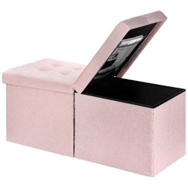 Imagem de AmasSmile Banco otomano de apoio para os pés com armazenamento, apoio para os pés de veludo rosa de 86 cm, mesa de centro, assento acolchoado, baú de armazenamento, loja de cobertores com tampa