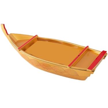 Imagem de Ioensy Bandeja de servir sushi, tábua de aperitivos de madeira para sashimi, formato de barco, fácil de limpar, bandeja de sushi japonesa elegante e lisa,