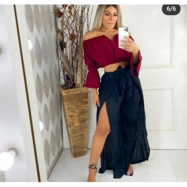 Imagem de Blusa Feminina Cropeed Manga Longa Ombro a Ombro Tecido Viscose  Lança