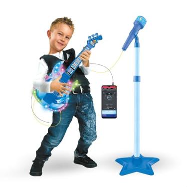 Imagem de Guitarra e Microfone Infantil Instrumento Brinquedo Musical com Luz e Som Pedestal Karaokê Conecta Celular (Azul)