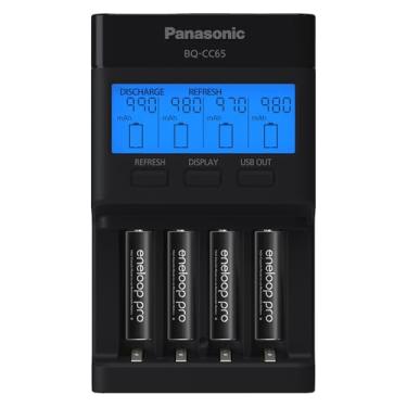 Imagem de Panasonic K-KJ65K3A4BA Carregador rápido super avançado de 4 posições com painel indicador LCD, porta de carregamento USB e baterias recarregáveis 4AA eneloop Pro, preto