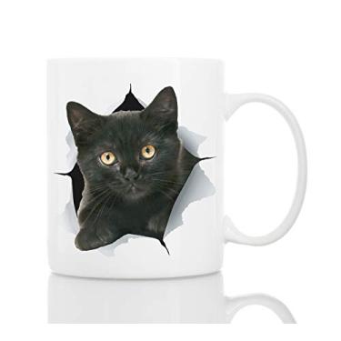Imagem de Caneca de café de gatinho preto engraçado – Caneca de café de cerâmica divertida – para amantes de gatos – Lindo presente de caneca de café – Ótima surpresa de aniversário ou Natal para amigos ou colegas de trabalho, homens e mulheres, Branco, 11oz