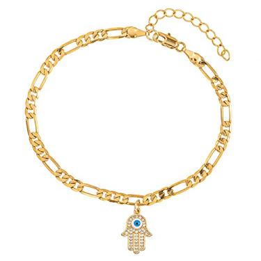Imagem de Tornozeleira com pingente de mão de Hamsa com olho turco para mulheres e adolescentes, delicada feita à mão pendurada de lado com olho turco ouro 14 quilates / ouro 18 quilates / prata pulseira de
