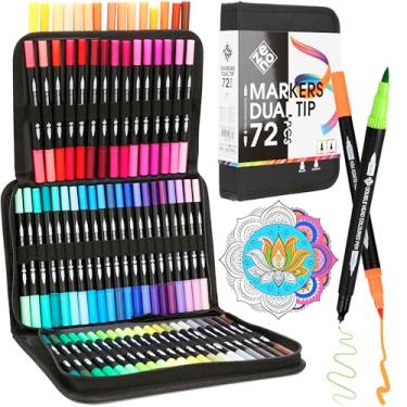 Imagem de ZENO Conjunto de 72 marcadores de ponta dupla com estojo – marcadores para colorir sem sangramento para adultos – canetas de arte para livros coloridos, ponta fina e pincel – canetas aquarela para